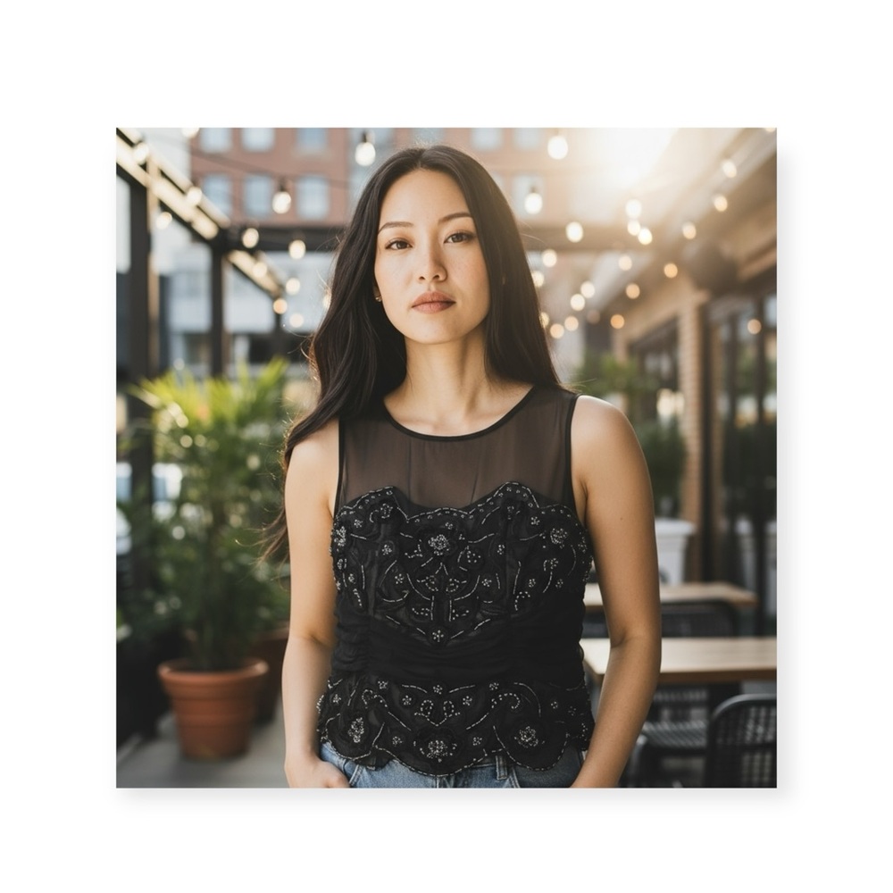 Vintage: Macis NY ❀ Silk Beaded 3D Flower Mesh Corset Illusion Top ❀ Black ❀ 14